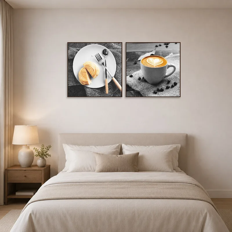 Serene bedroom with croissant and coffee art accentuating the ambiance.