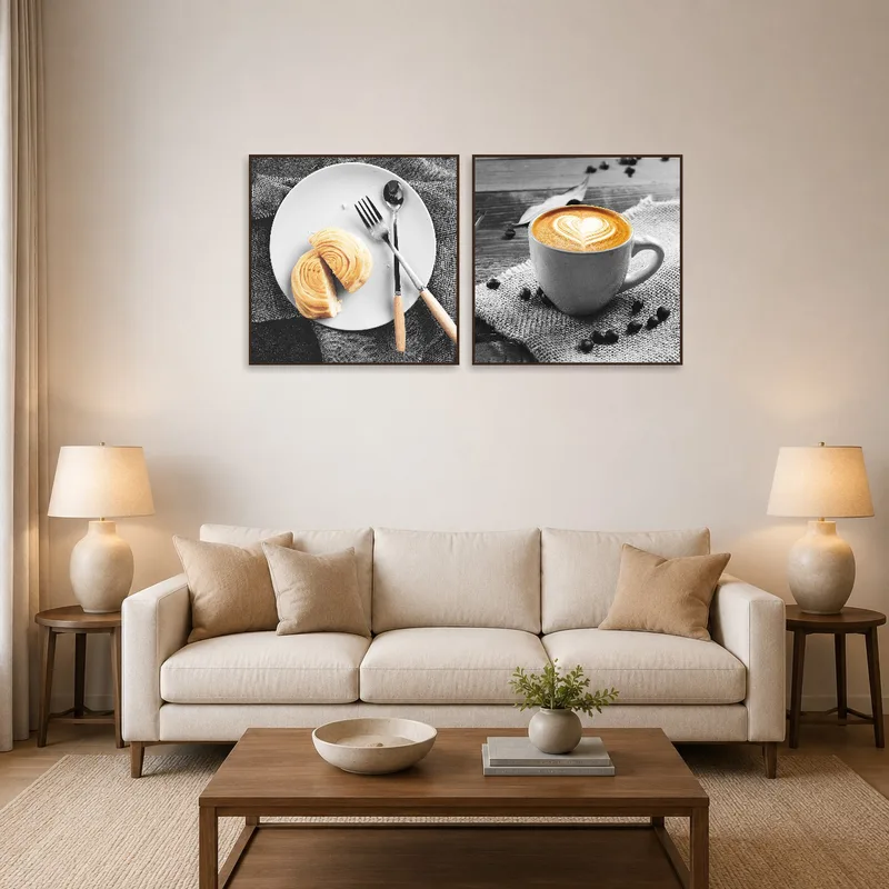 A cozy living room with a croissant and coffee art piece above the sofa.