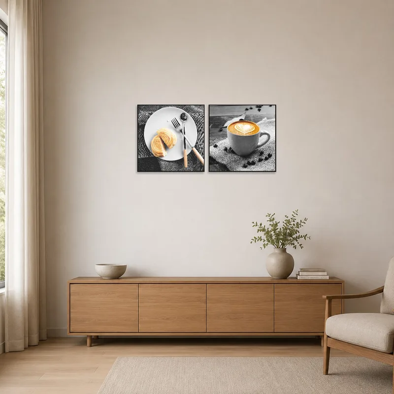 Minimalist setting featuring croissant and coffee artwork on a plain wall.