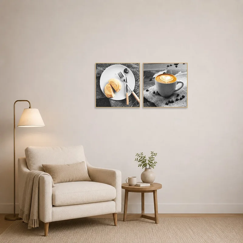 Reading corner enhanced by croissant and coffee art, adding warmth.