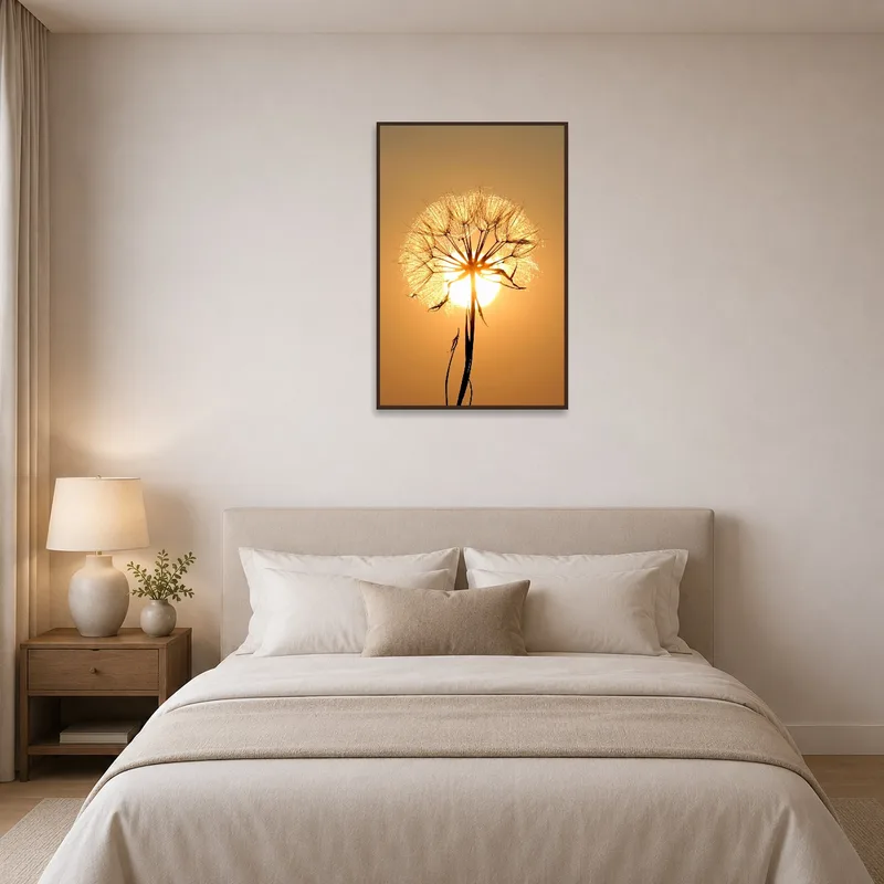 Tranquil dandelion silhouette art enhancing a serene bedroom retreat.