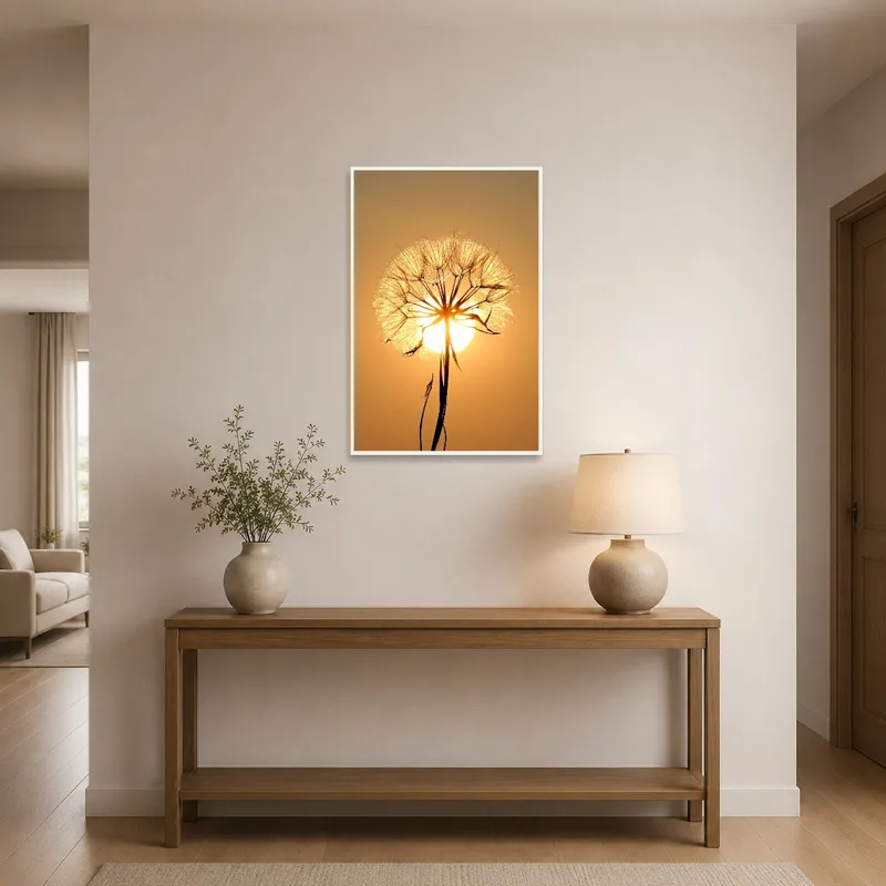 Dandelion silhouette art greeting guests in a bright entrance hall.