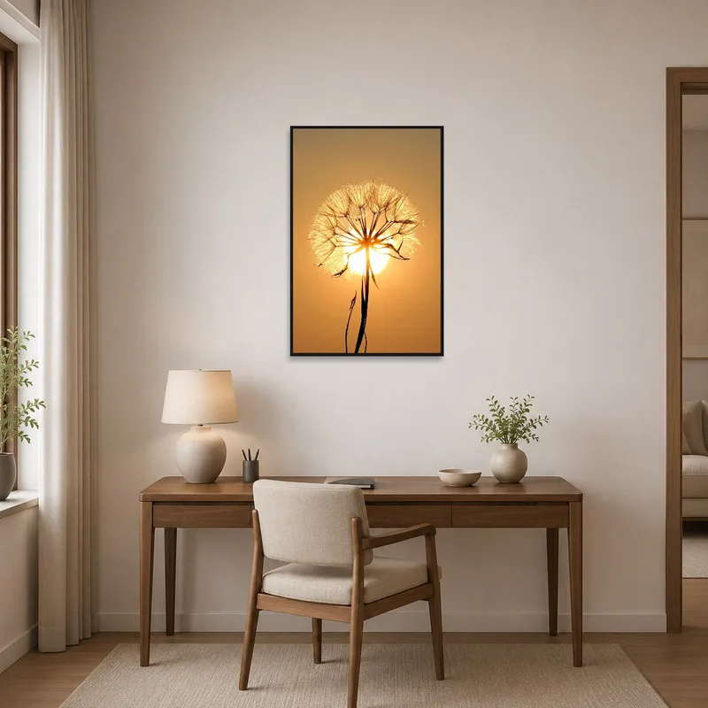Dandelion silhouette wall art bringing calm to a productive home office.