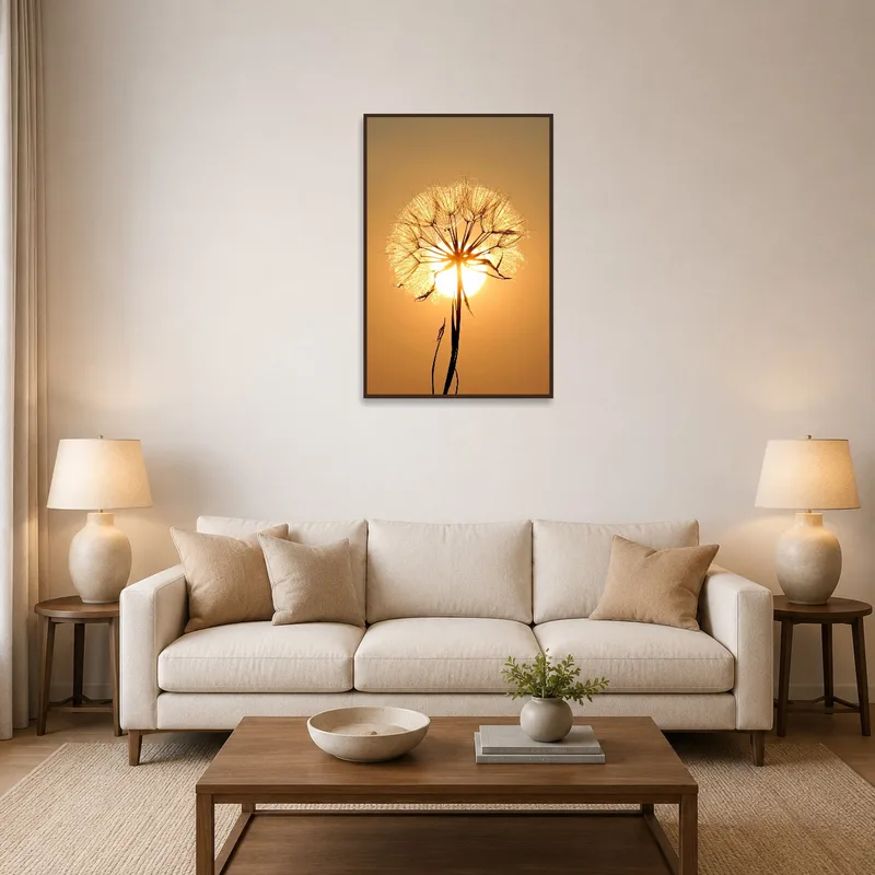 Dandelion silhouette wall art above a cozy living room sofa at sunset.