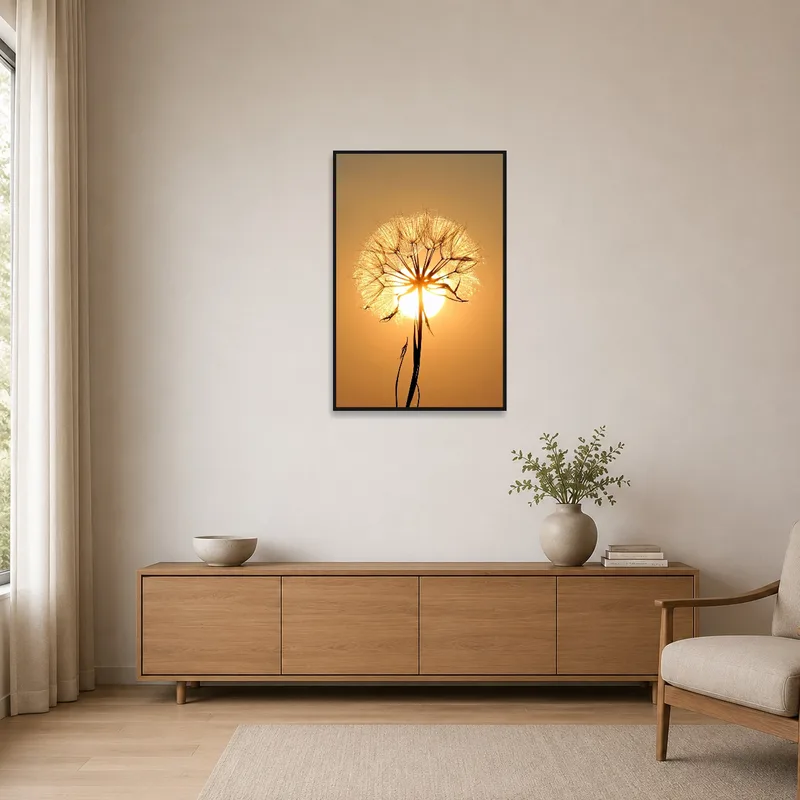 Simple dandelion silhouette art on a clean, minimalist wall.