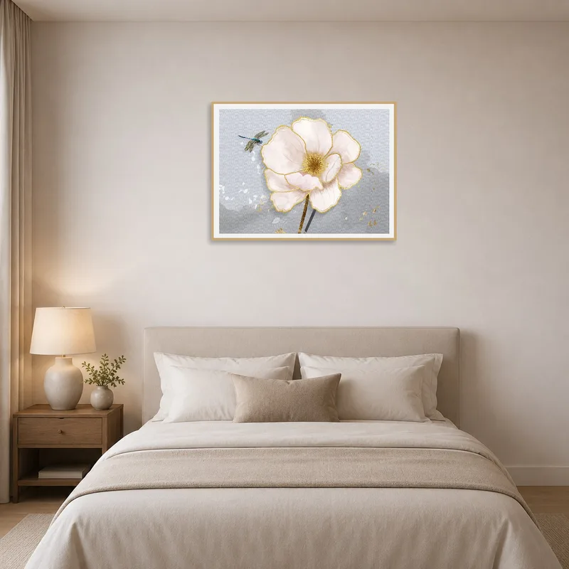 Bedroom setting showcasing Delicate Blossom and Dragonfly Art Print near a bedside table.