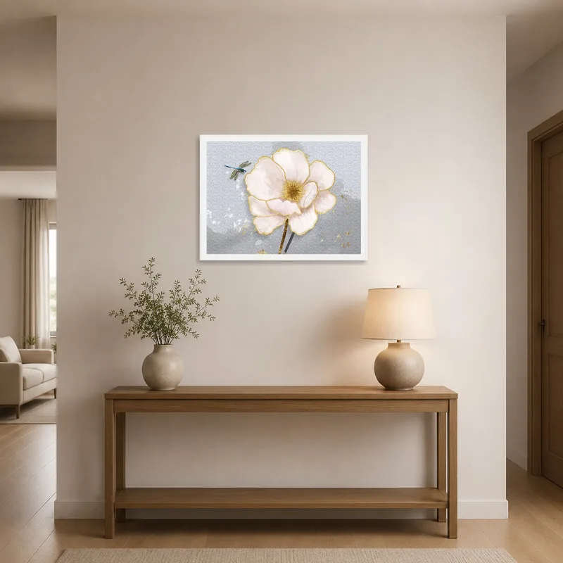 Entrance hall highlighted by Delicate Blossom and Dragonfly Art Print next to a coat rack.
