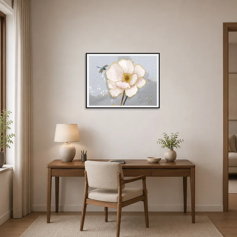 Home office with Delicate Blossom and Dragonfly Art Print adding charm above the desk.