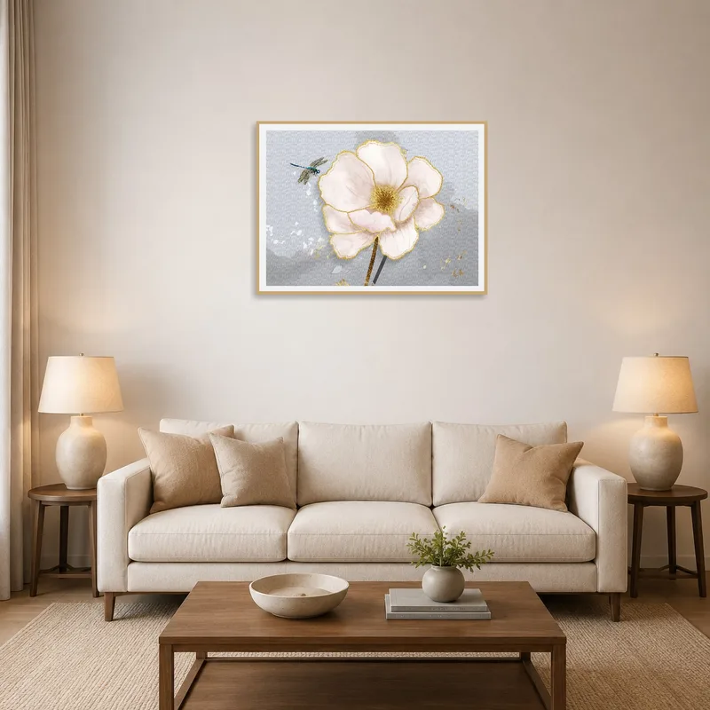Living room featuring Delicate Blossom and Dragonfly Art Print above a modern sofa.