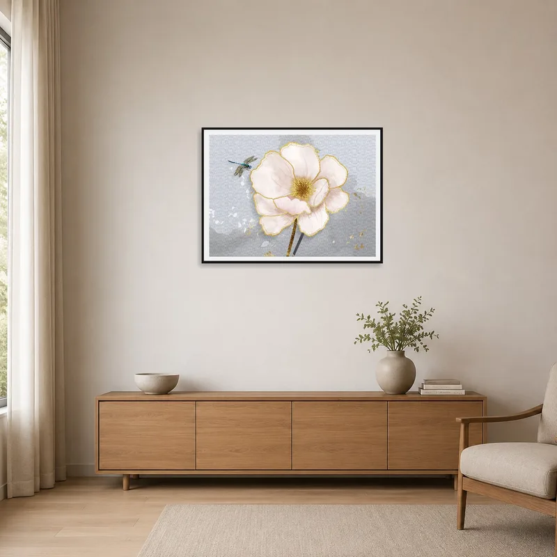 Minimalist space with Delicate Blossom and Dragonfly Art Print on a clean, white wall.