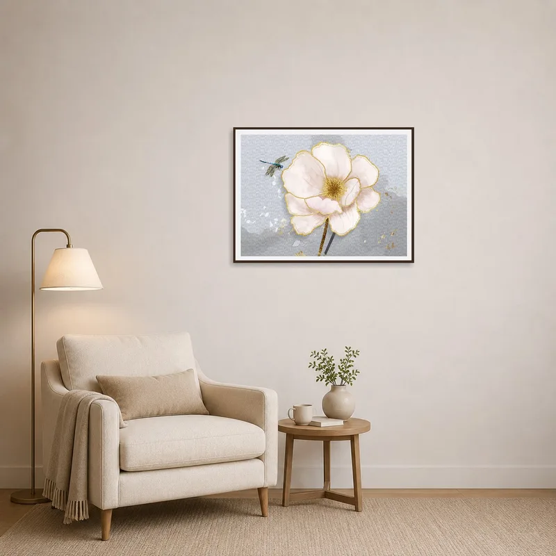Cozy reading corner adorned with Delicate Blossom and Dragonfly Art Print above a comfy chair.