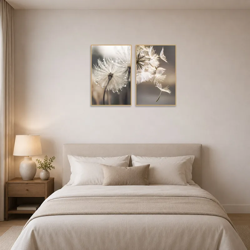 Bedroom featuring dandelion seed art, contributing to a peaceful and delicate ambiance.