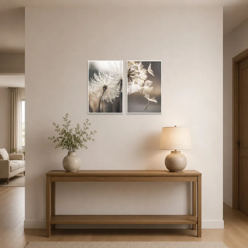 Entrance hall with dandelion seed art creating a welcoming, airy feel.