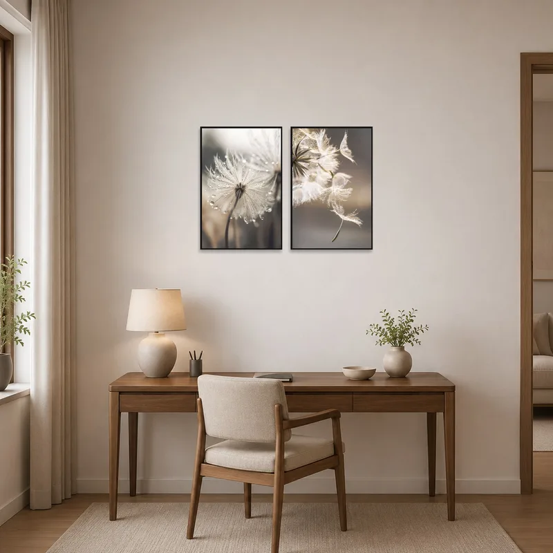 Home office displaying dandelion seed art set, inspiring a sense of lightness and focus.