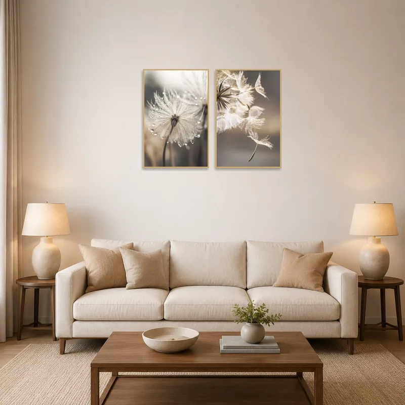 Dandelion seed artwork set in a living room, adding a touch of nature to the space.