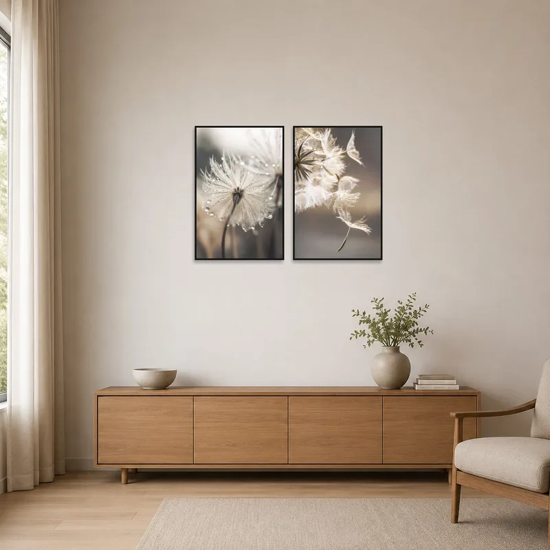 Minimalist room showcasing dandelion seed art set, enhancing the serene simplicity.