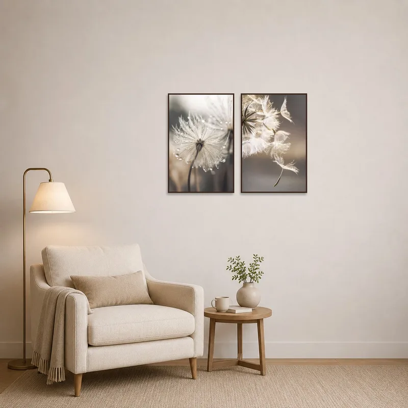 Dandelion seed artwork hung in a cozy reading corner, offering a natural, calming vibe.