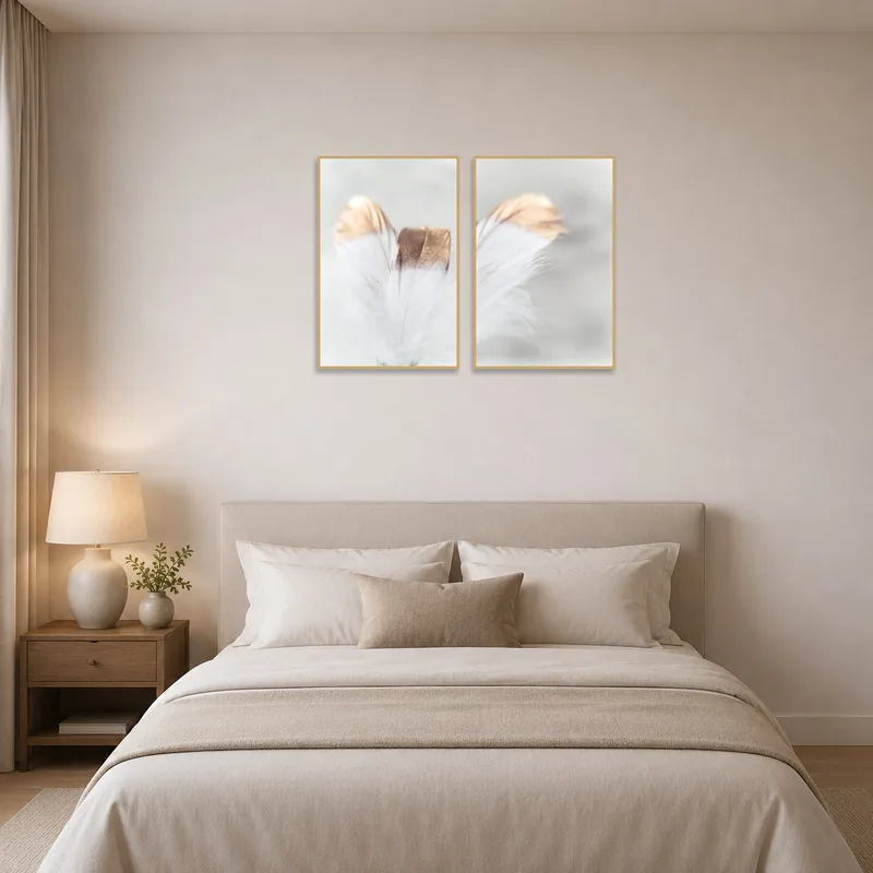 Soft feather art complements the serene bedroom decor.