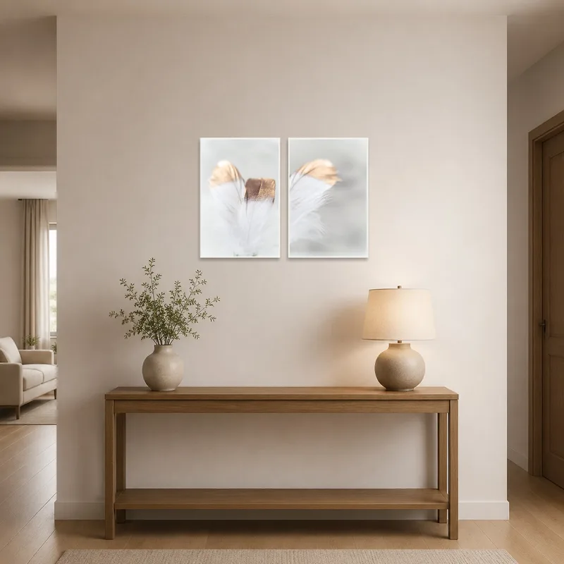 Elegant feather art greets guests in the entrance hall.