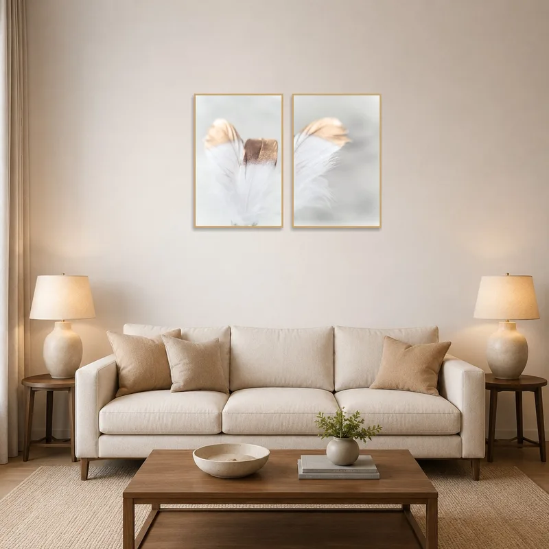 Delicate feather art prints adorn a cozy living room wall.