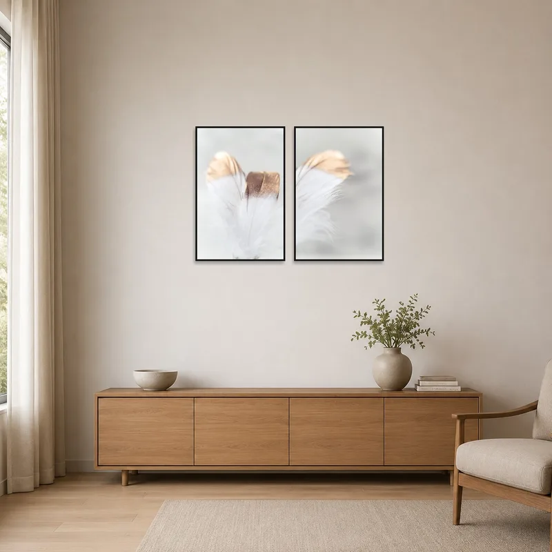 Feather prints enhance the clean lines of a minimalist space.