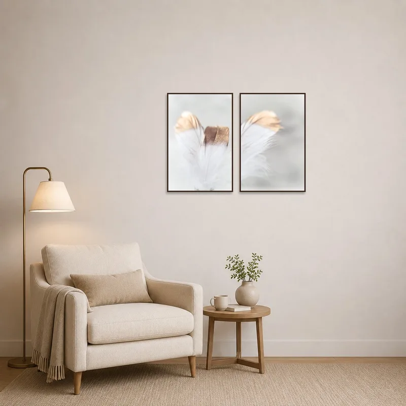 Feather prints create a tranquil ambiance in the reading corner.