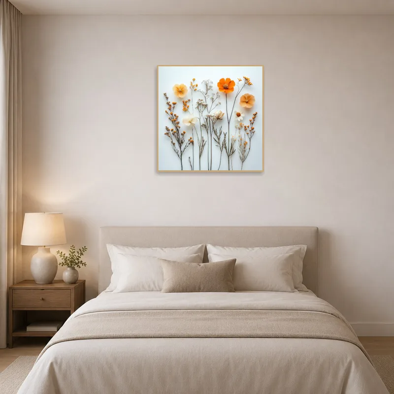 Floral arrangement brings elegance to the bedroom space.