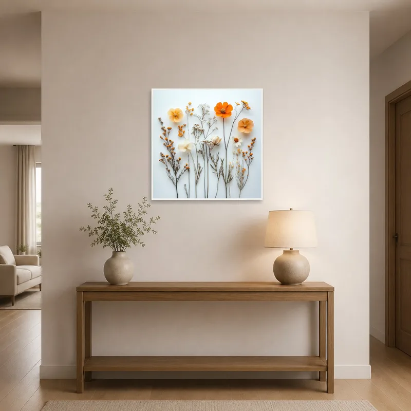 Entrance hall featuring a floral artwork on a white backdrop.