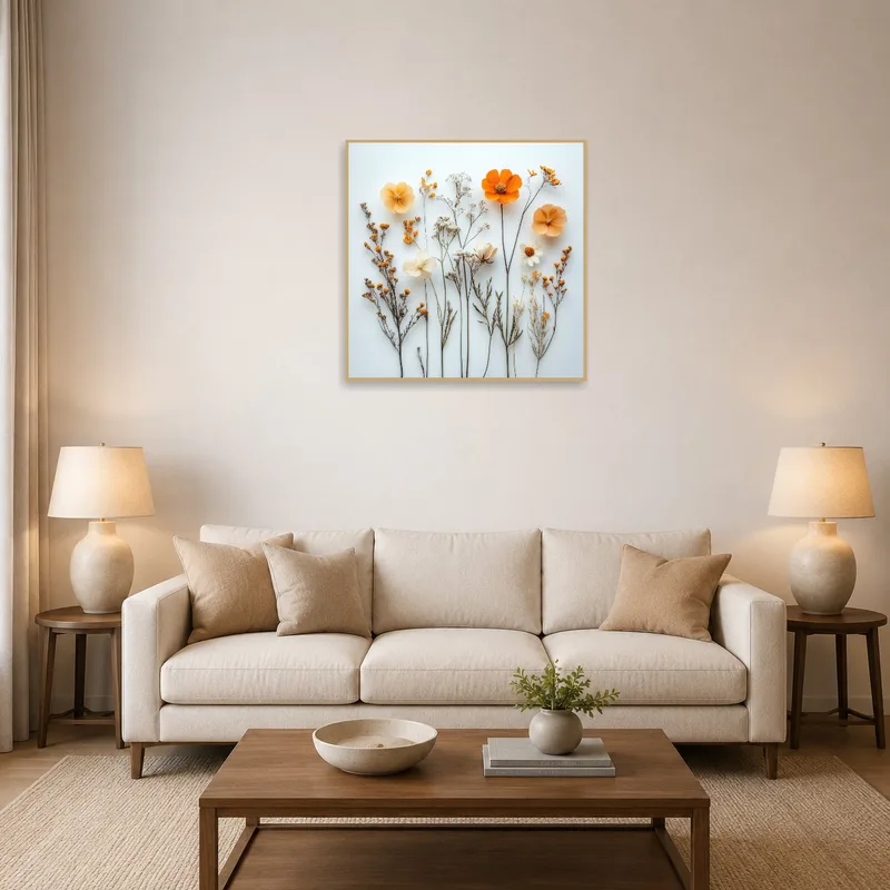 A delicate floral art piece adorns the living room wall.