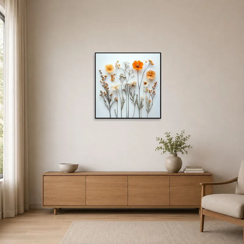 Minimalist room enhanced by a floral arrangement on white.