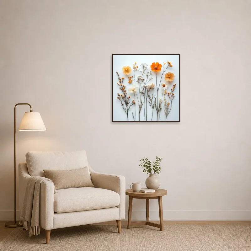 Floral art piece adds charm to the cozy reading corner.