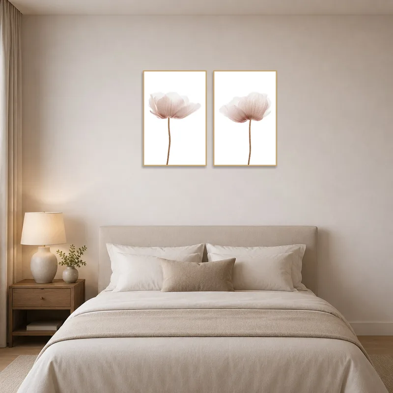 Soft pink floral art complementing a serene bedroom decor.
