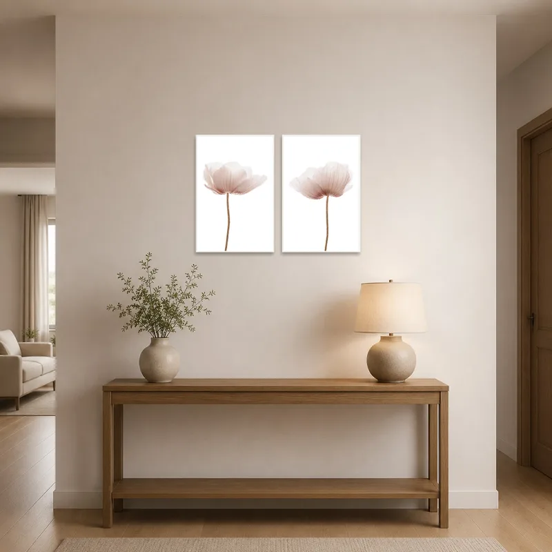 Floral art set in soft pink hues welcoming at the entrance hall.