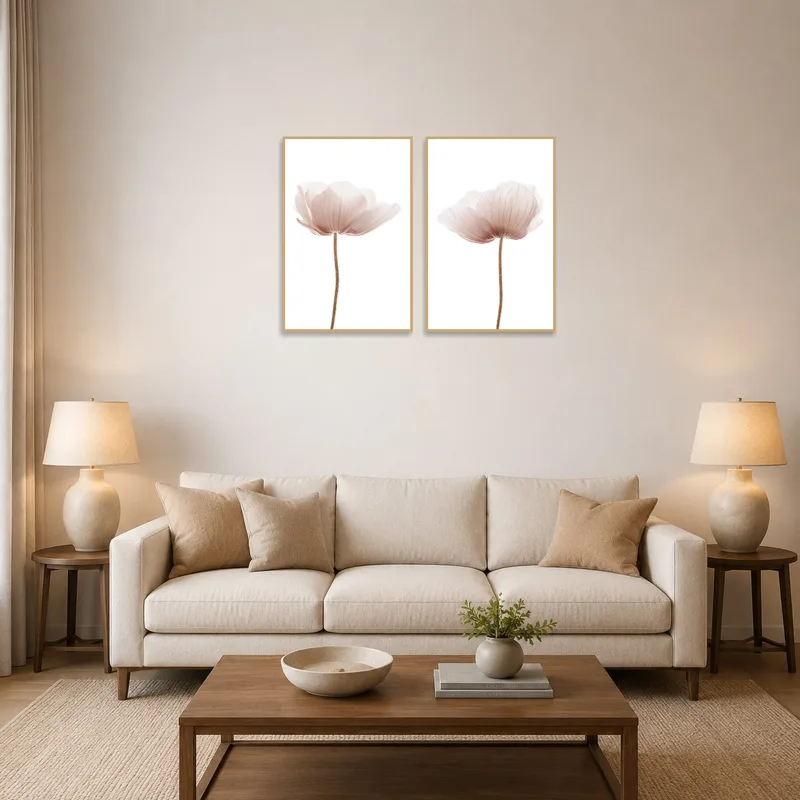 Soft pink floral art set adding elegance to a living room wall.