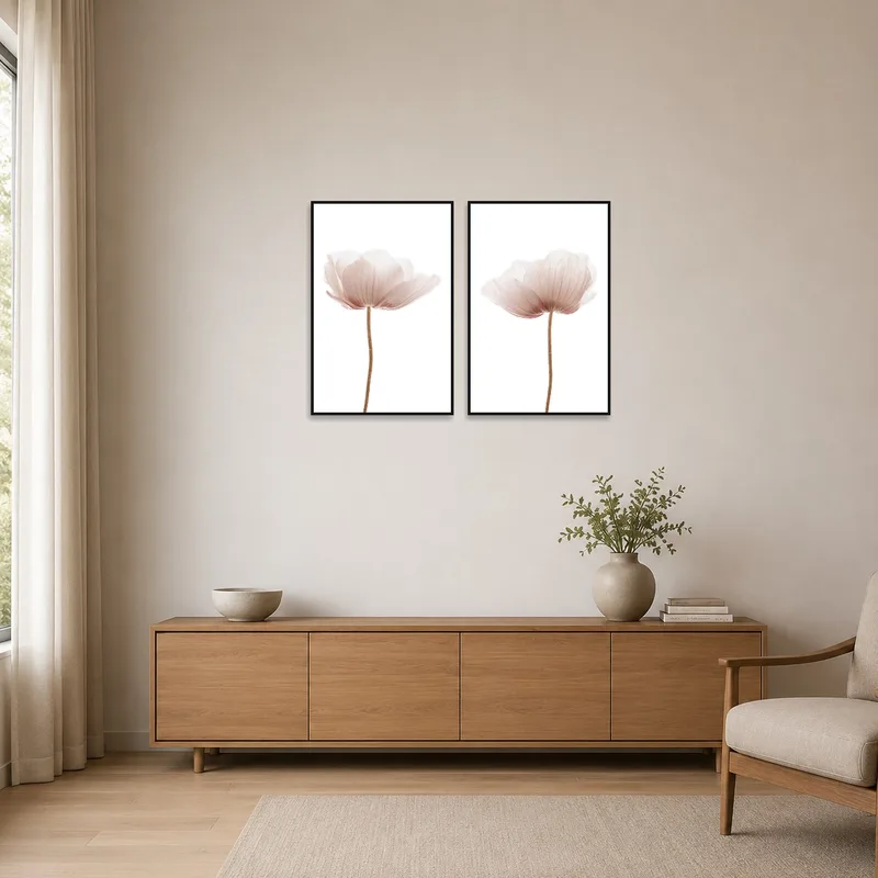 Subtle pink floral pieces enhancing a minimalist space.