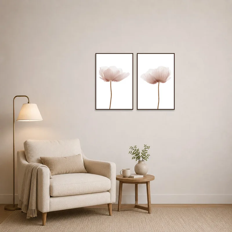Delicate floral art creating a calming vibe in a reading corner.