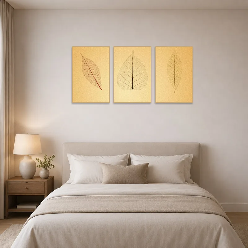 Delicate leaf art set adding calmness to a serene bedroom setting.