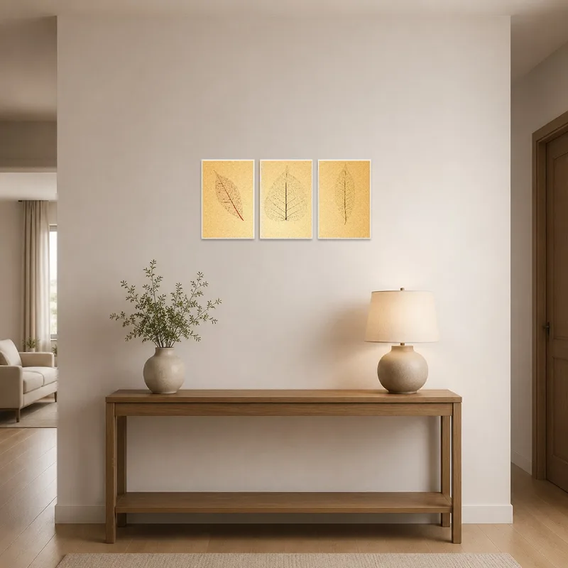Leaf triptych art creating a welcoming vibe in an entrance hall.