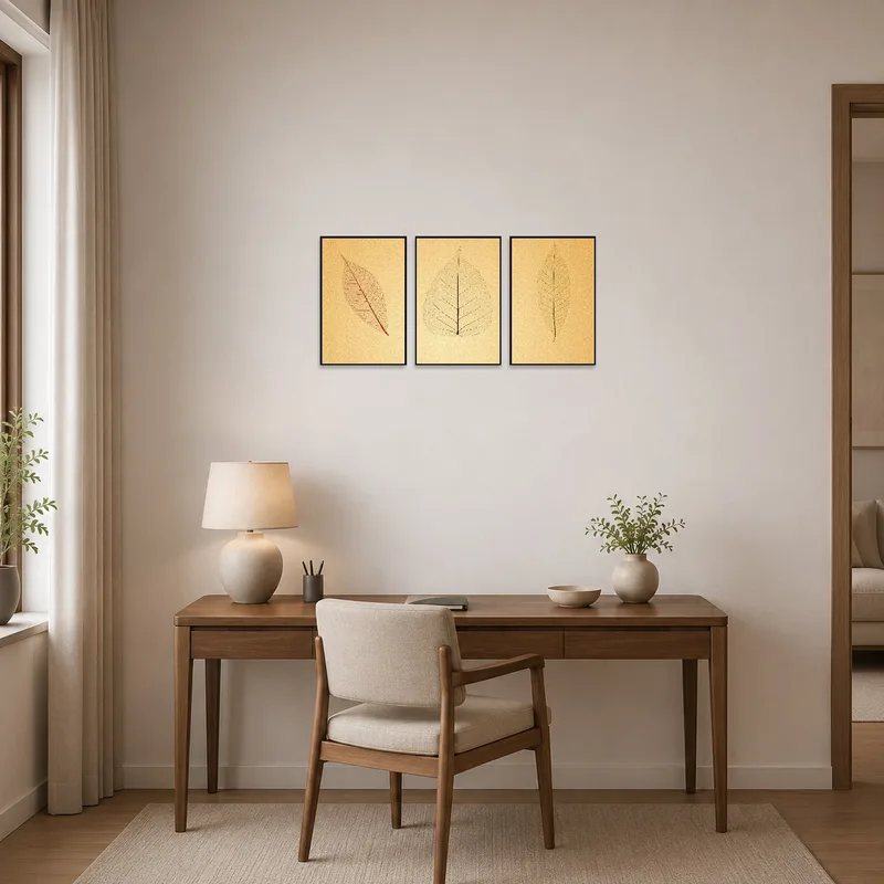 Leaf veins triptych art bringing nature-inspired calm to a home office.