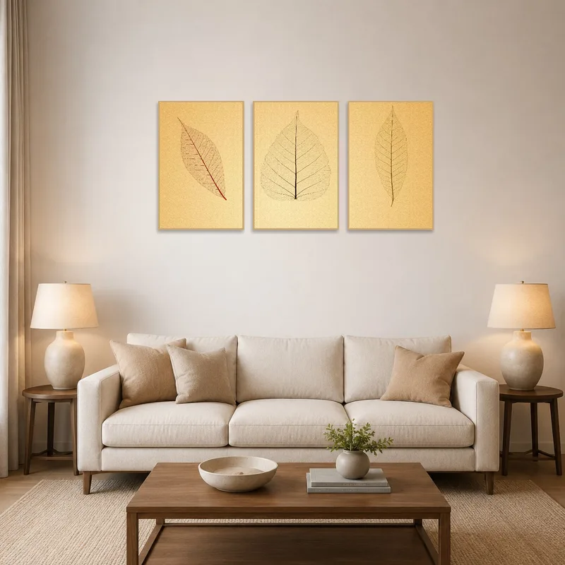 Set of three delicate leaf art pieces hanging in a cozy living room setting.