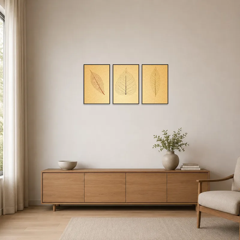 Art set of leaf veins displayed in a sleek, minimalist room.