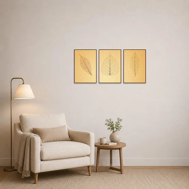 Triptych leaf artwork enhancing a tranquil reading corner atmosphere.