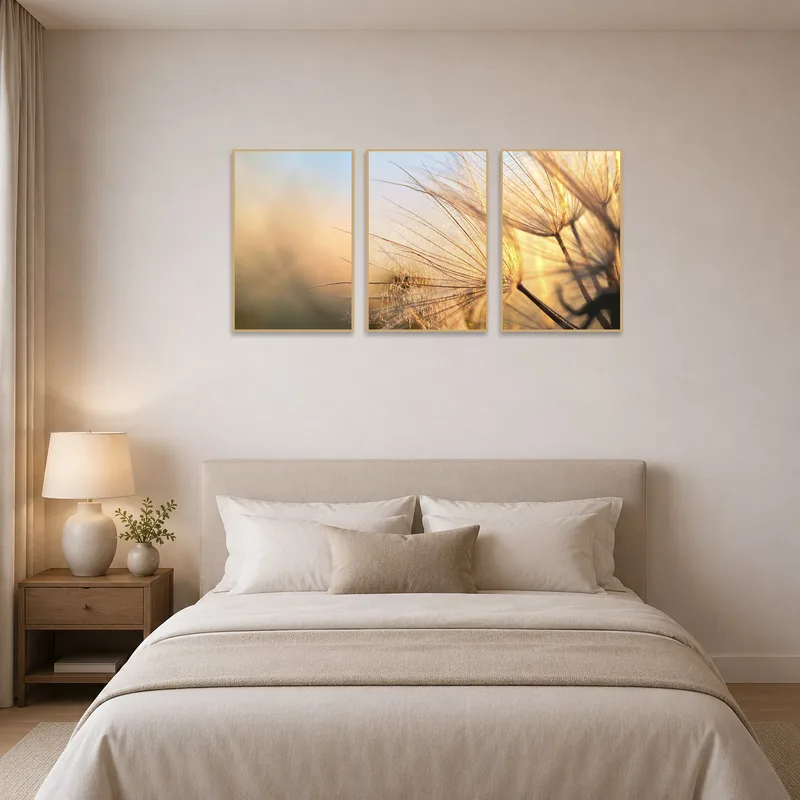 Dandelion triptych adds a serene, natural element to the bedroom decor.
