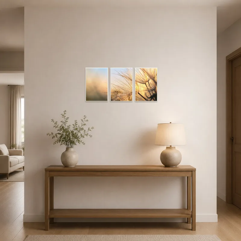 Dreamy dandelion artwork welcomes guests with a calming vibe in the entrance hall.