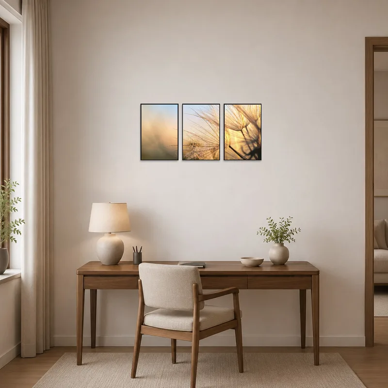 Nature-inspired dandelion triptych brings tranquility to the home office wall.