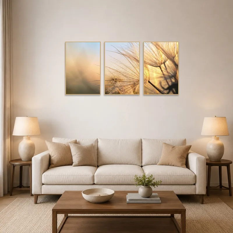 A dreamy dandelion triptych adds a touch of nature to the living room wall.