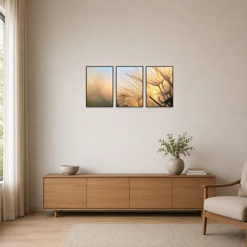 The triptych of dreamy dandelions complements the minimalist room's simple aesthetics.