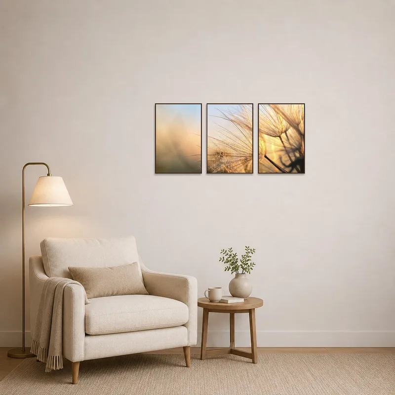 In the reading corner, the dandelion triptych enhances a soothing atmosphere.