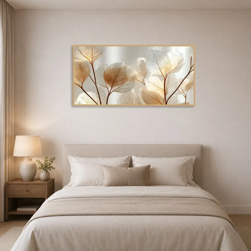 Bedroom adorned with a soft light print of intricate skeleton leaves.