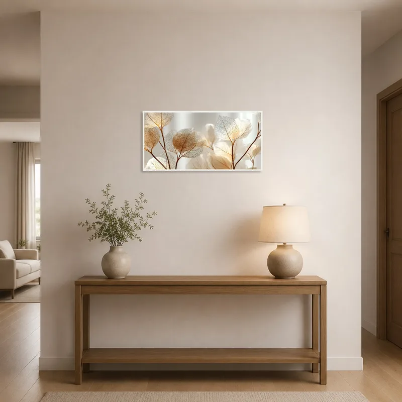 Entrance hall featuring a print of skeleton leaves in soft illumination.